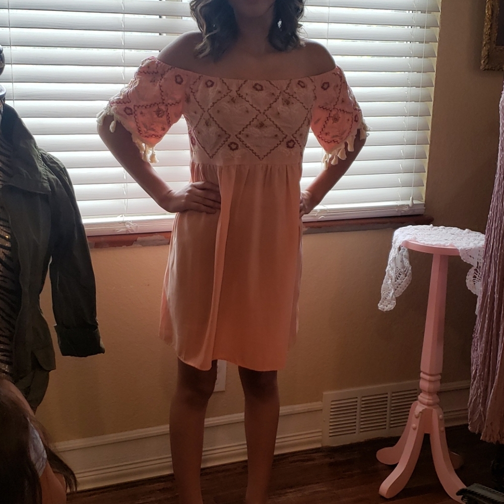 Peach color with brick red embroidery